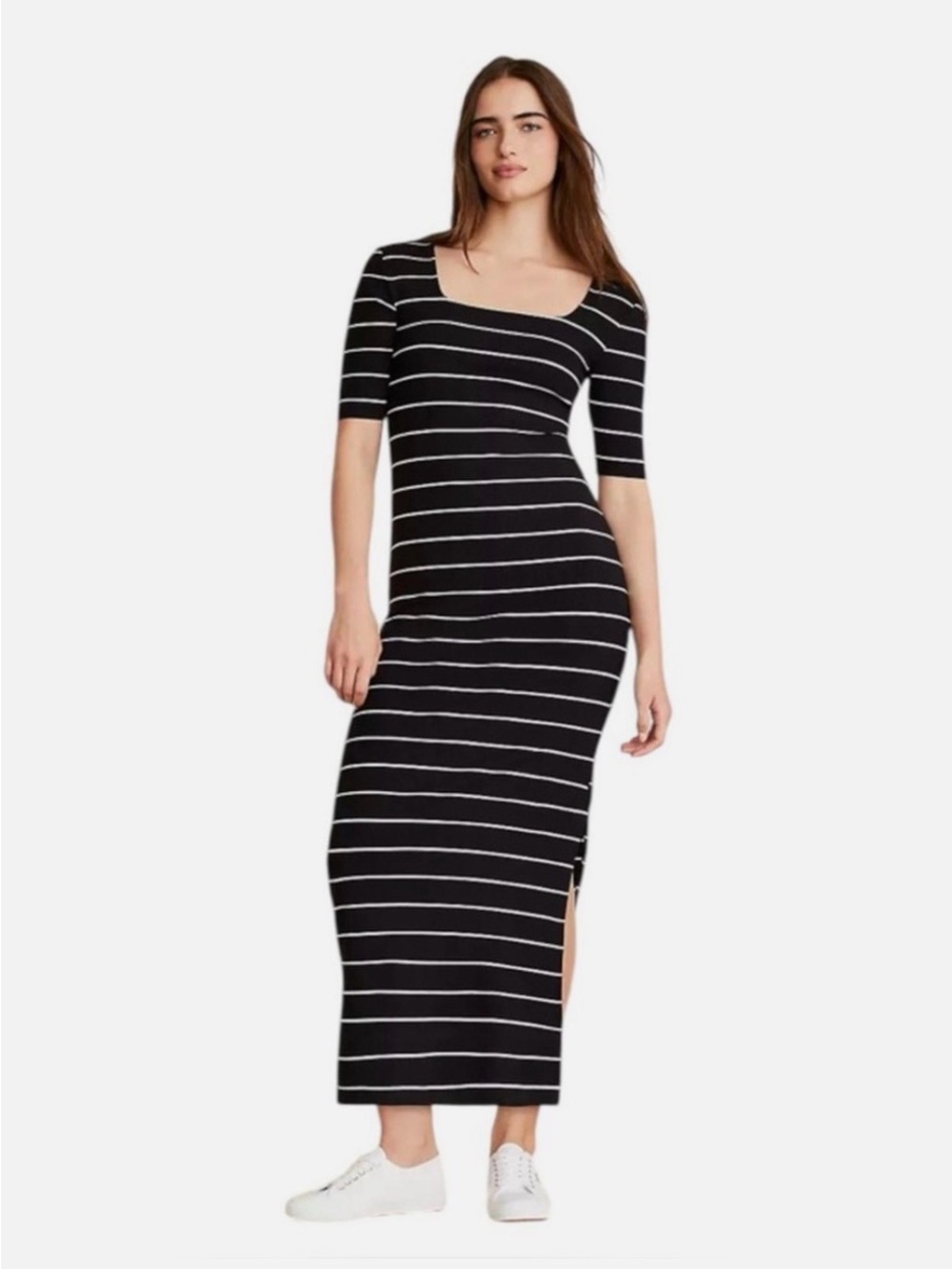 Lou & Grey Black and White Striped Square-Neck Maxi Dress